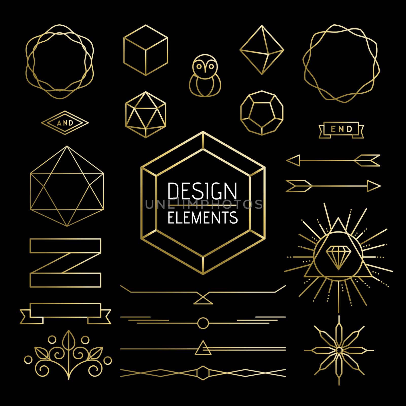 Design element collection, retro hipster outline icons in gold color. Includes mono line style lettering shapes, banner, labels and geometry decoration. EPS10 vector..