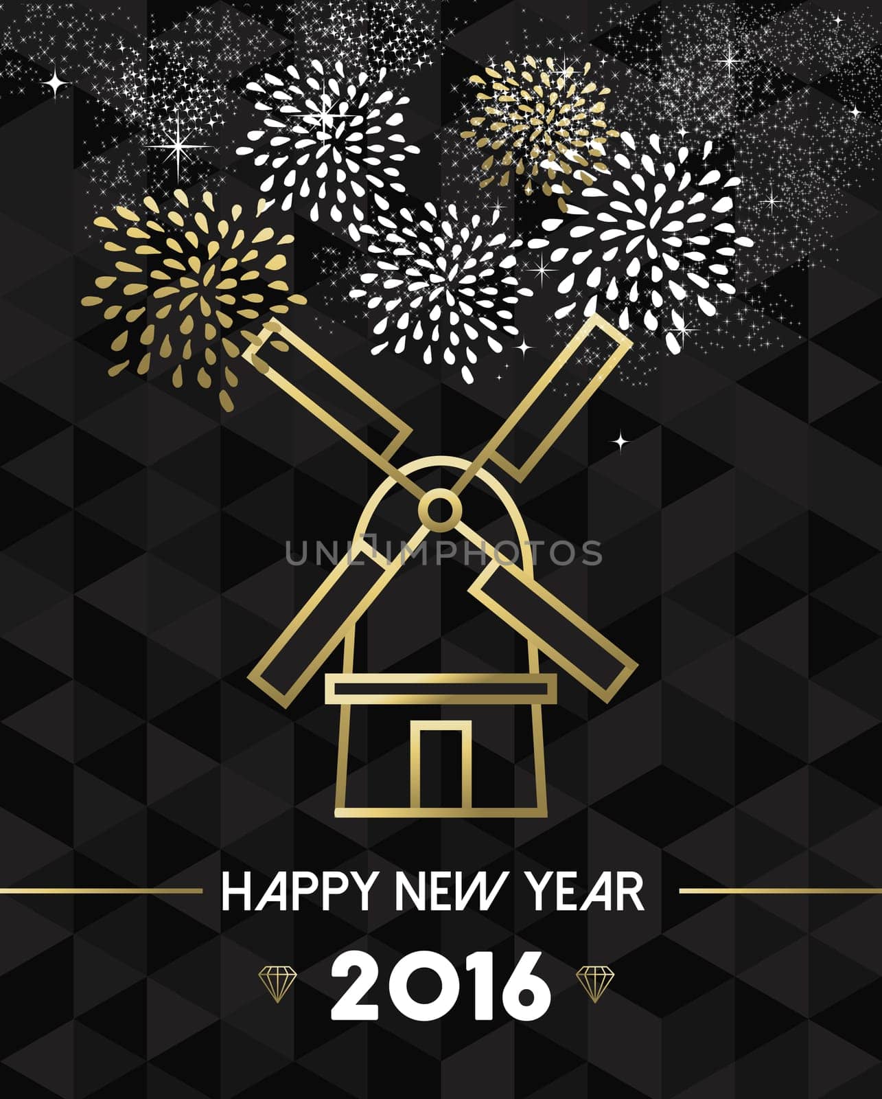 Happy New Year 2016 Netherlands greeting card with traditional windmill landmark in gold outline style. EPS10 vector.