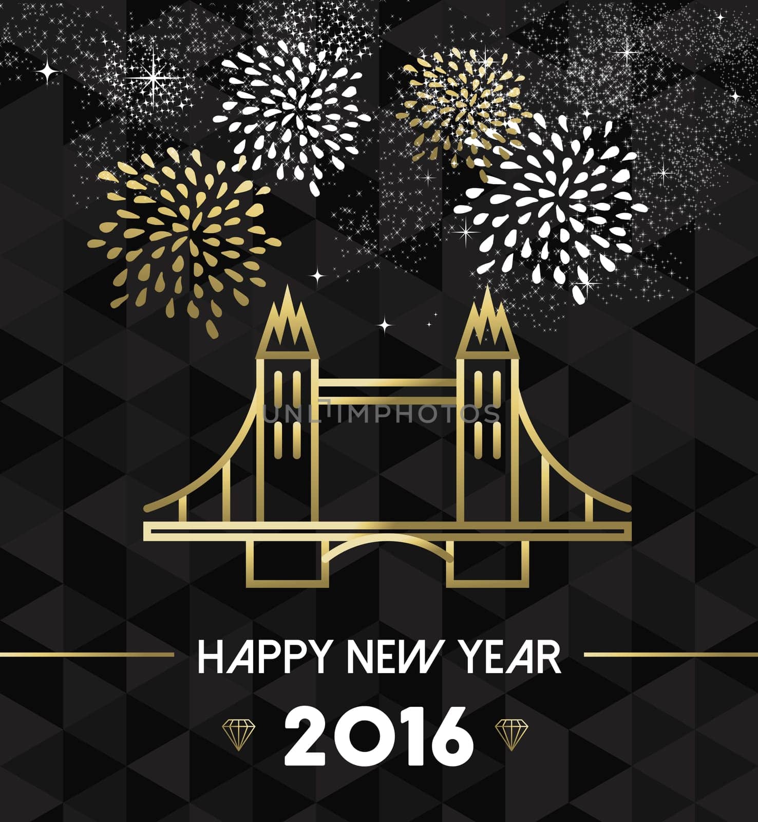 Happy New Year 2016 London greeting card with England landmark tower bridge in gold outline style. EPS10 vector.