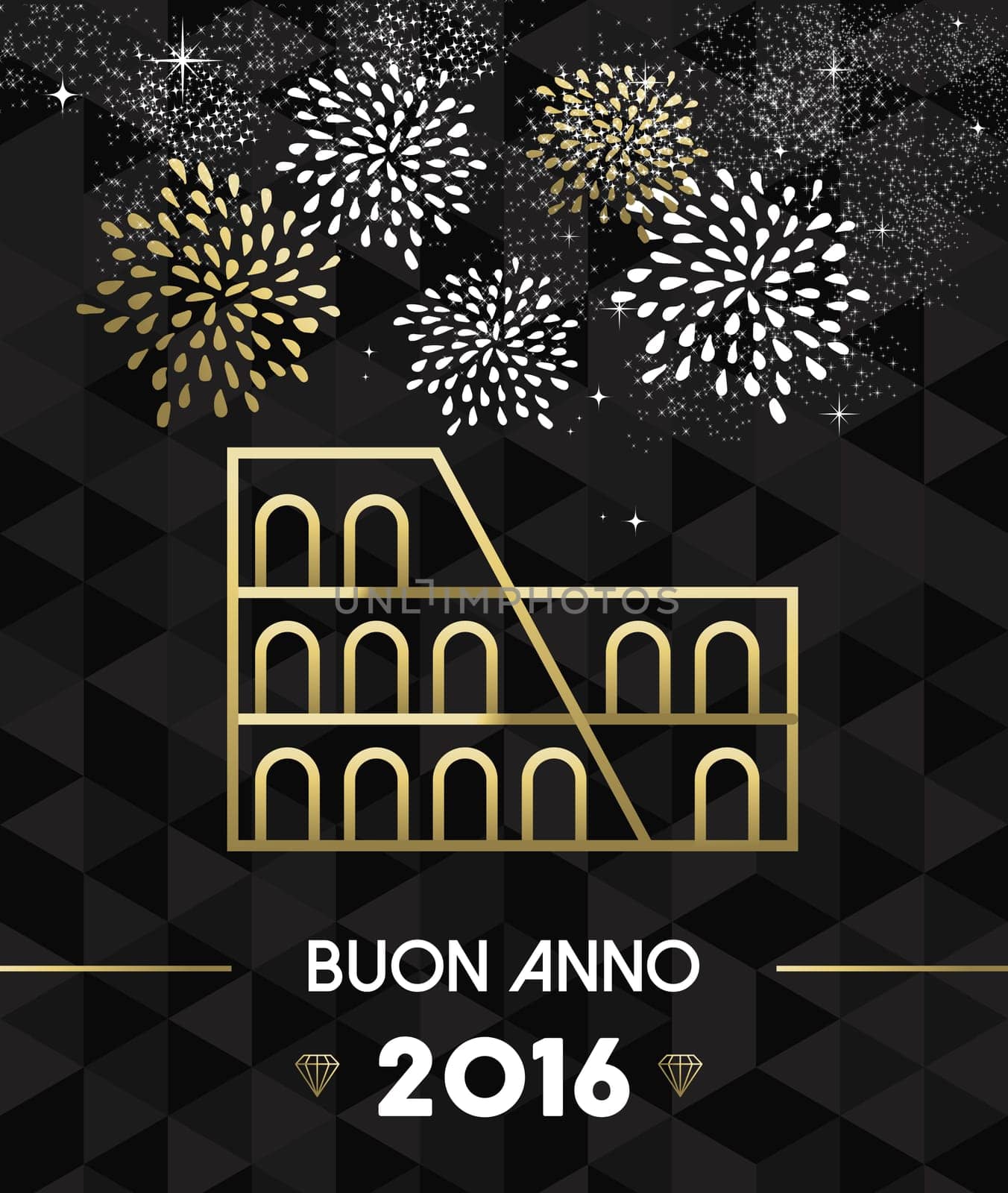 Happy New Year 2016 Rome greeting card with Italy historic landmark Colosseum in gold outline style. EPS10 vector.