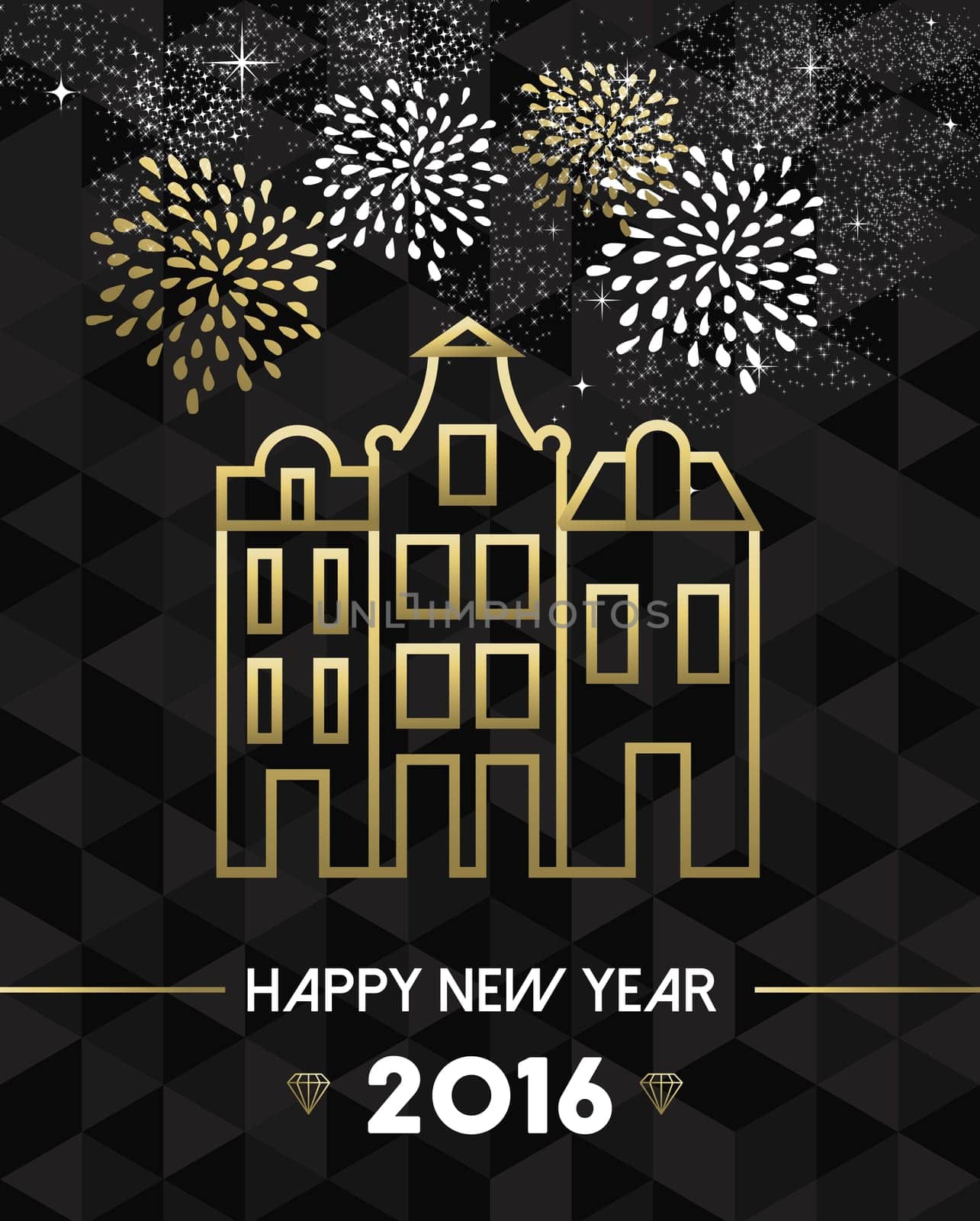Happy New Year 2016 Amsterdam greeting card with Netherlands landmark traditional buildings in gold outline style. EPS10 vector.