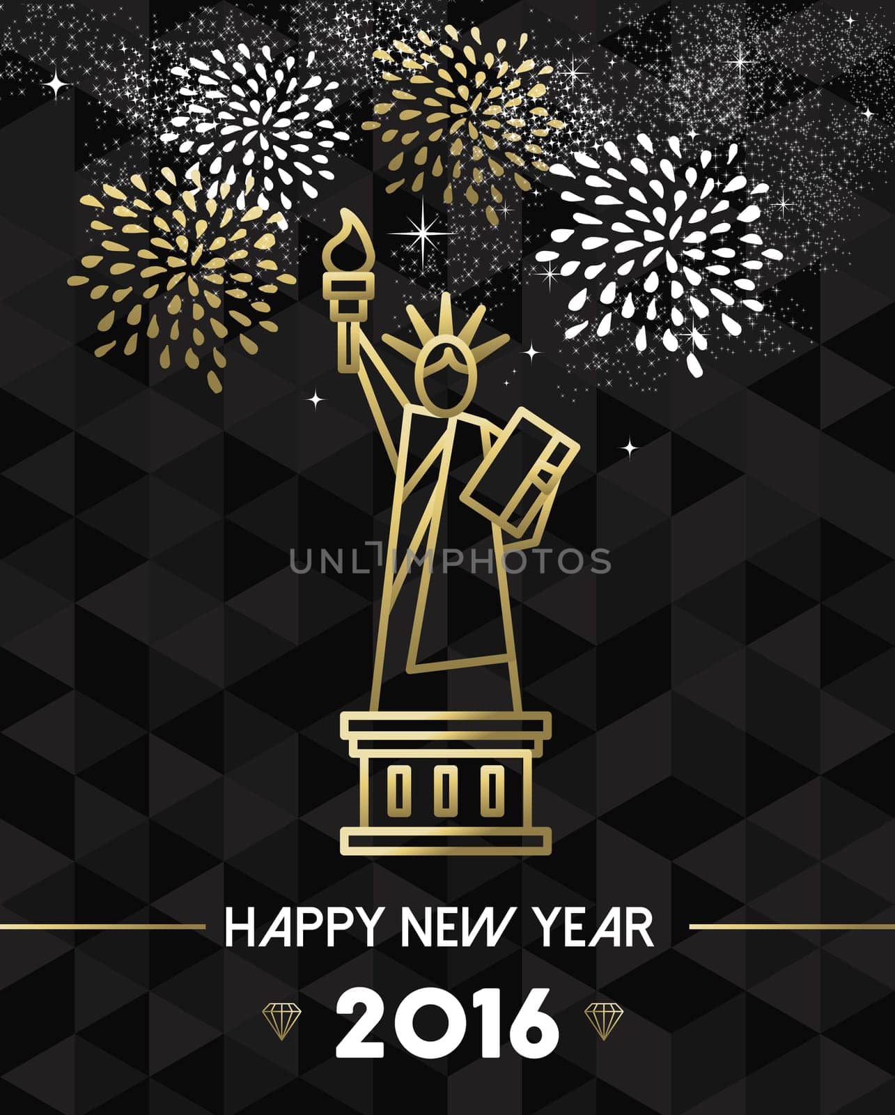 Happy New Year 2016 New York greeting card with USA United States statue of Liberty in gold outline style. EPS10 vector.