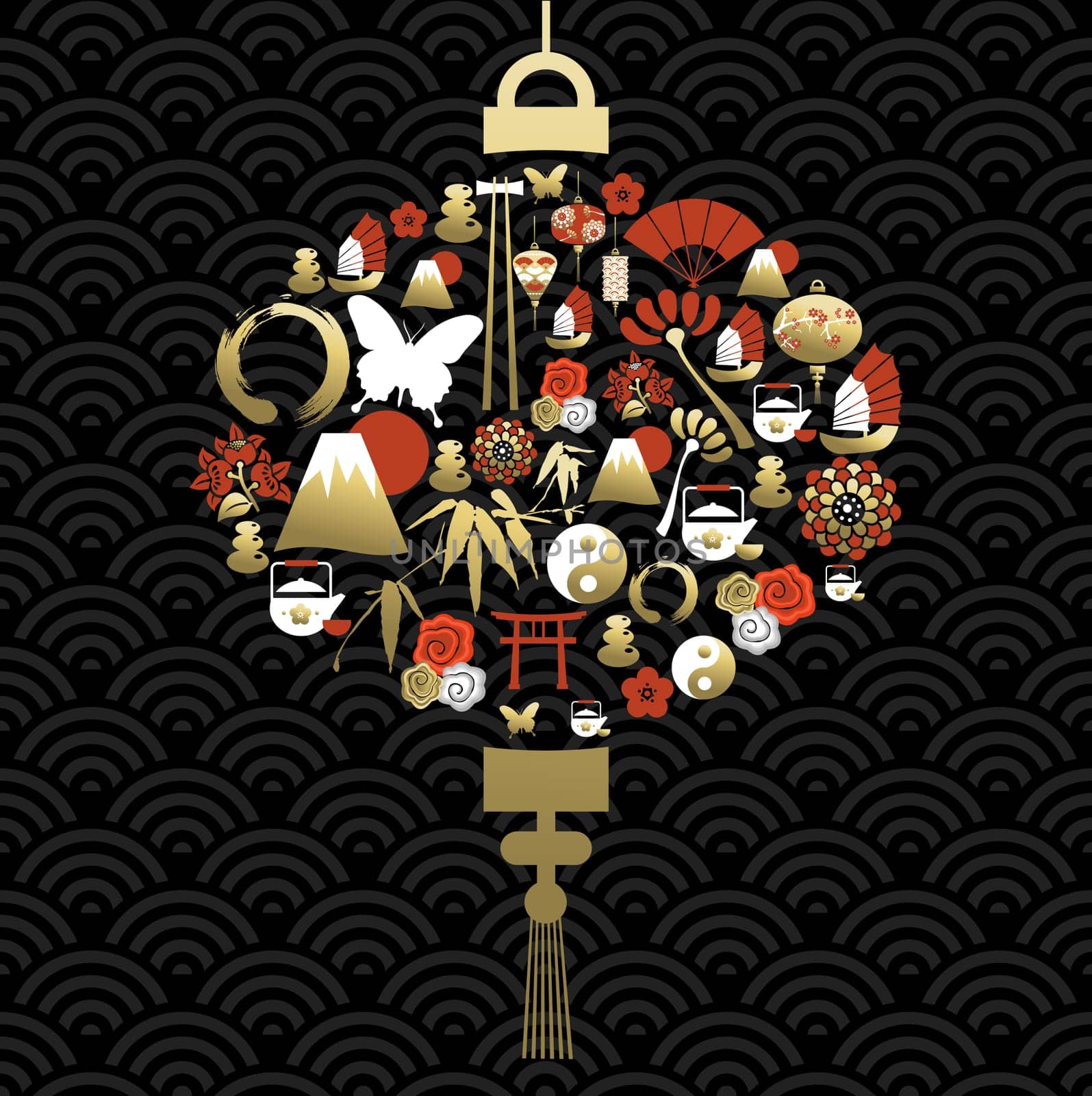Chinese traditional lamp silhouette, lantern made with cultural symbols and icons. EPS10 vector.