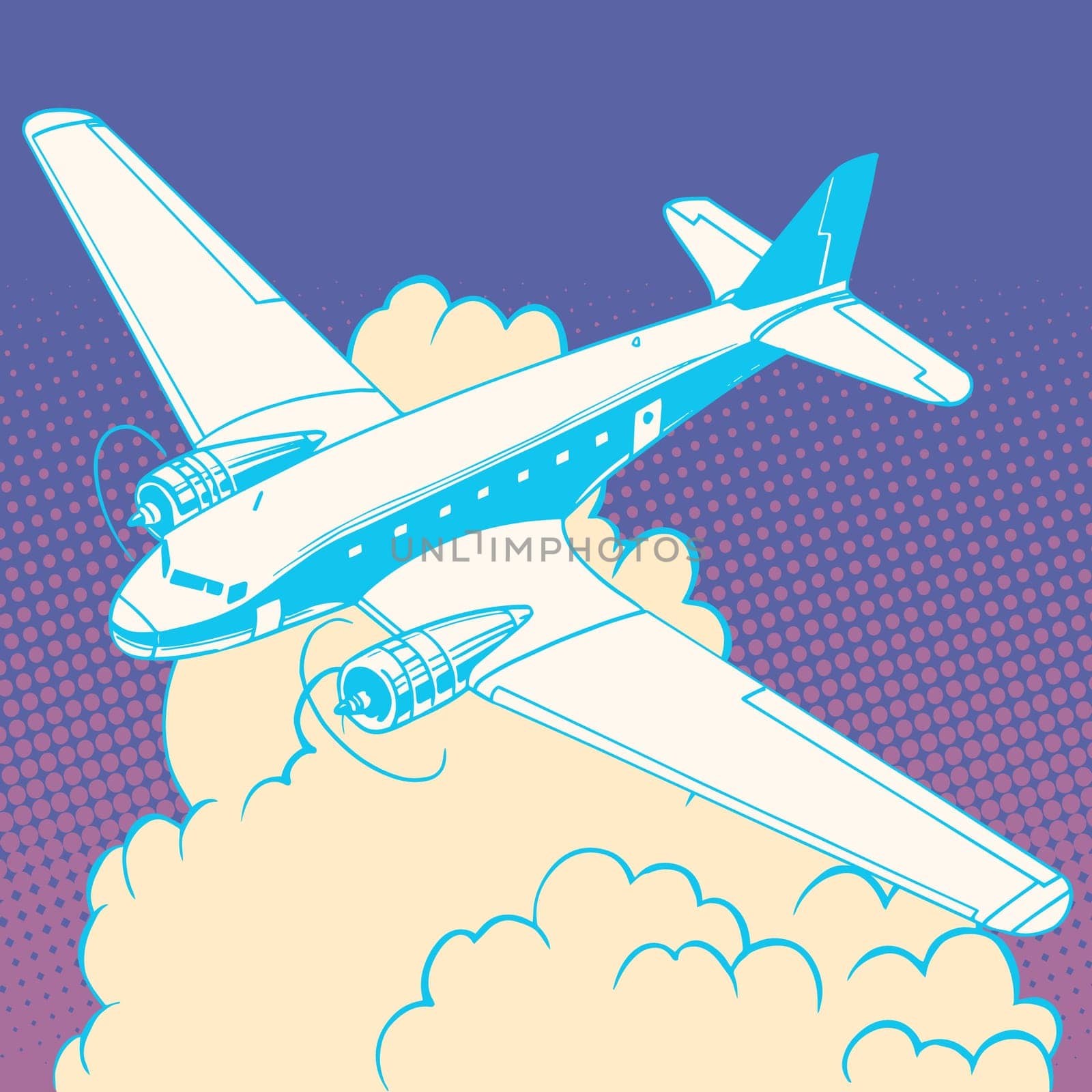 Airplane in the clouds vintage retro travel flights pop art style. Machine and aircraft construction. Travel and tourism business industry