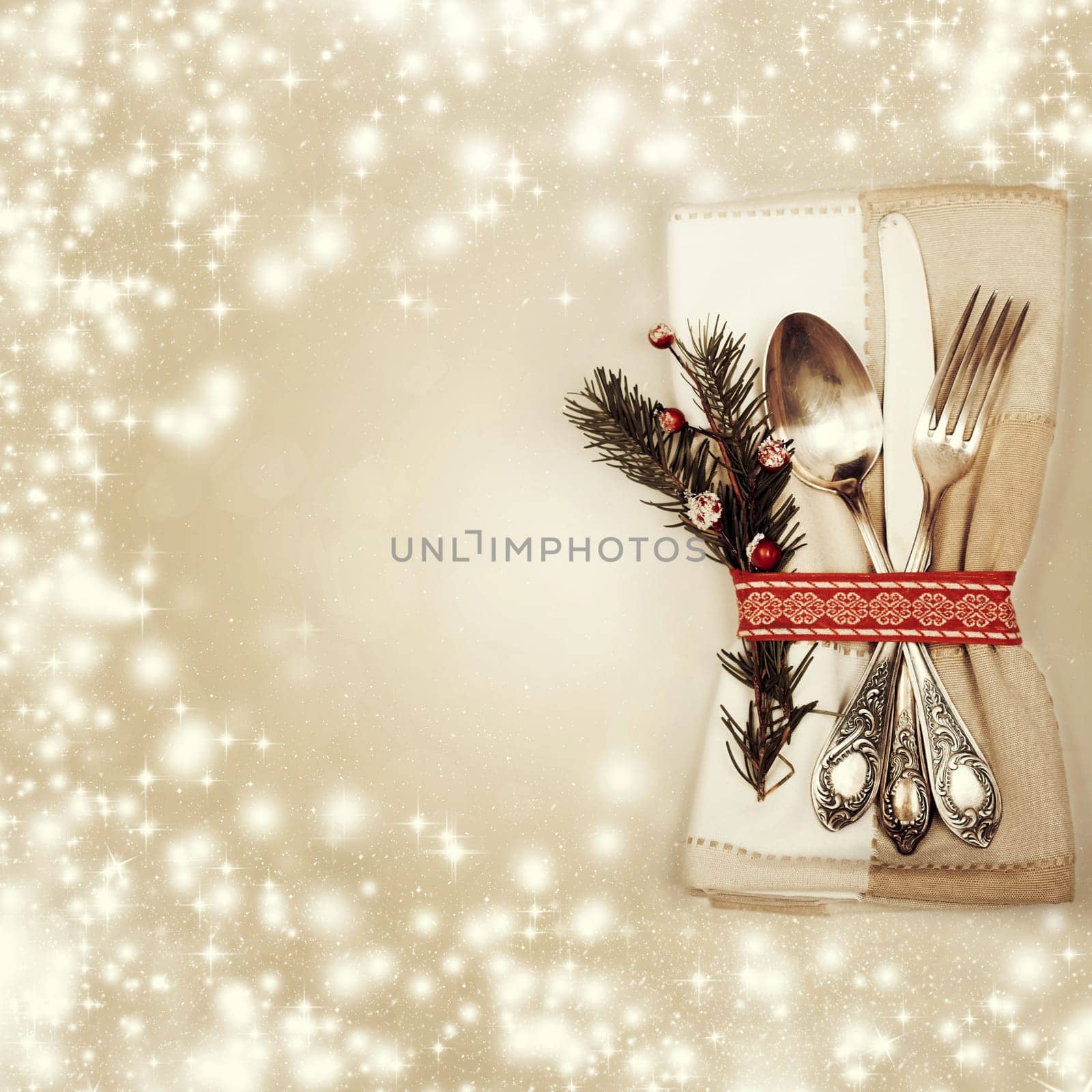 Table place setting on sparkling background