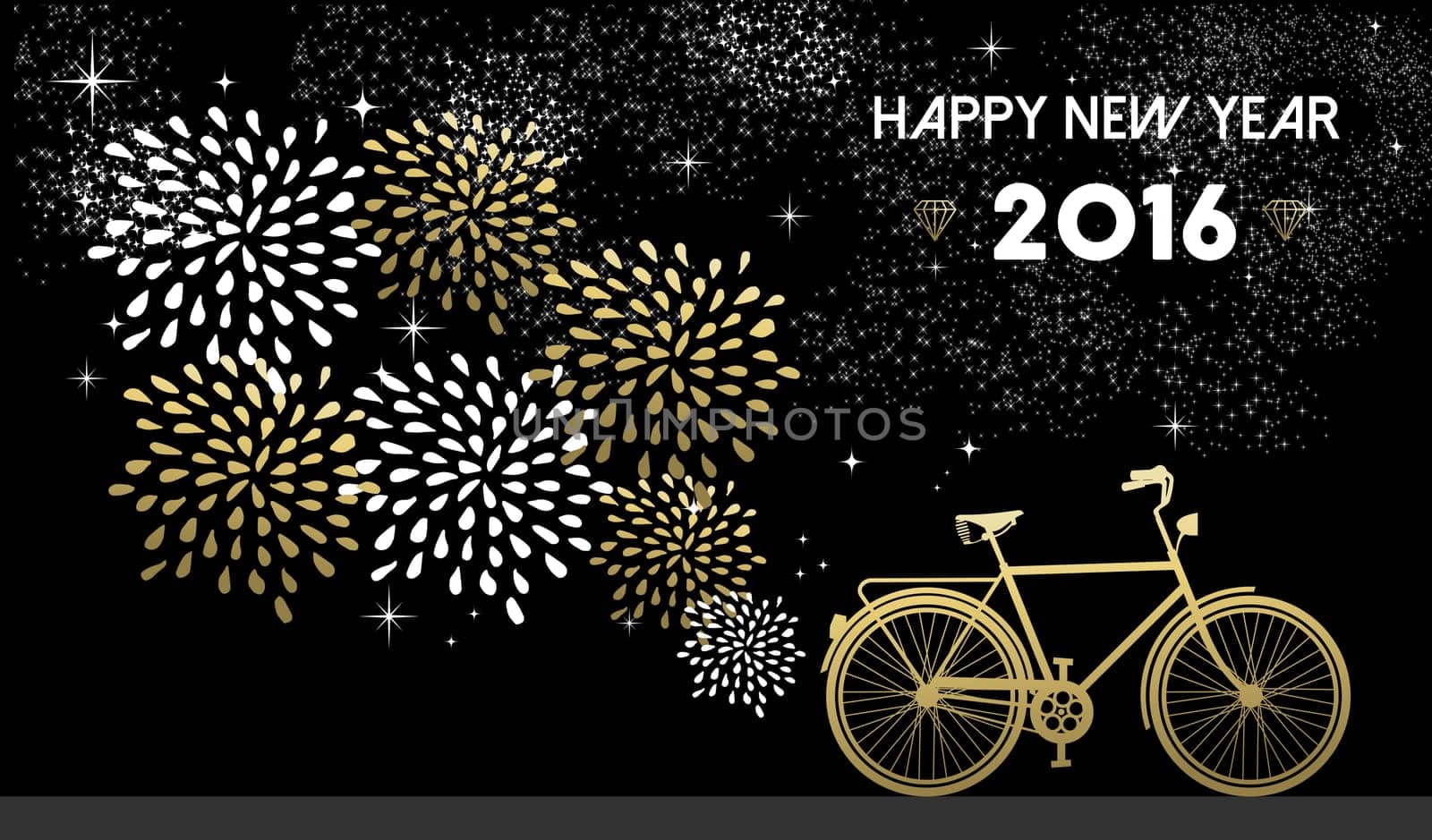 Happy New Year 2016, gold greeting card design with bike silhouette and fireworks in night sky background. EPS10 vector.