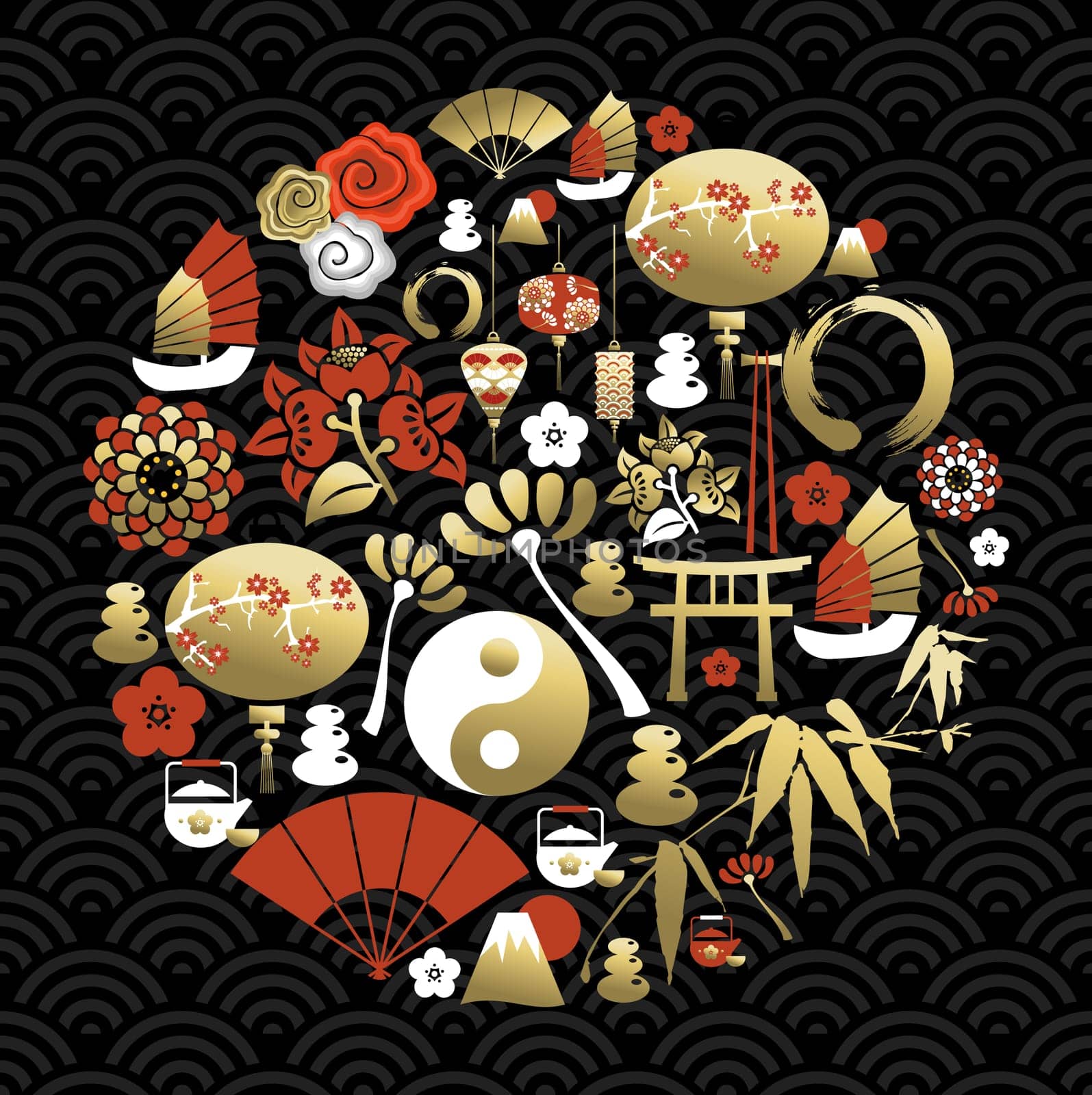 Oriental circle label design made with traditional China and asian element symbols, chinese culture concept. Ideal for new year. EPS10 vector.