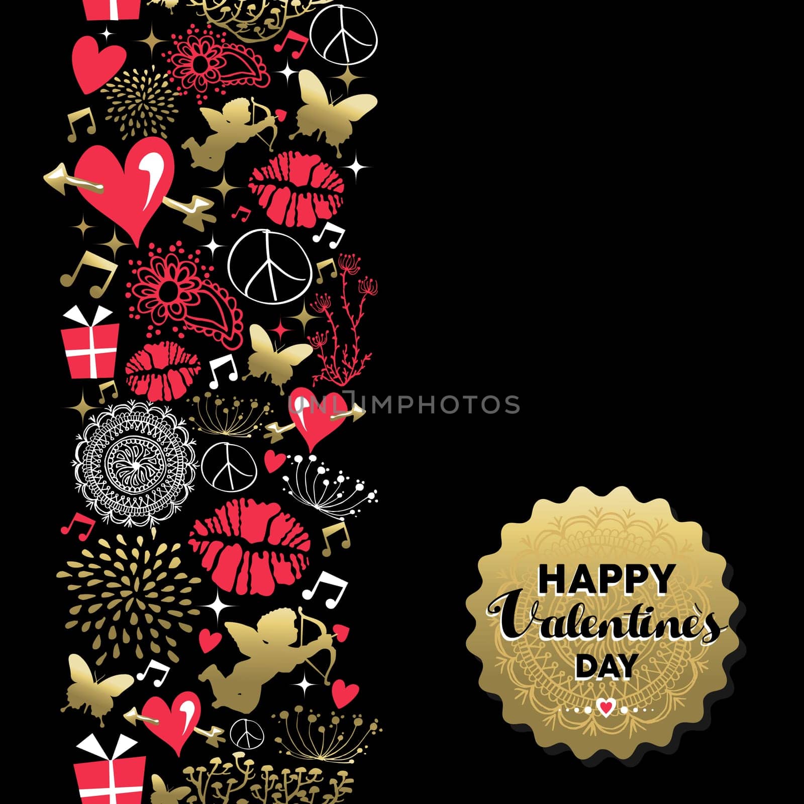 Happy Valentines Day retro greeting card, icon pattern and gold text label. Includes angel, heart, kiss and nature silhouette. EPS10 vector.