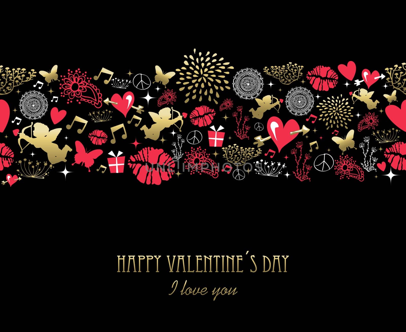 Happy Valentines day greeting card pattern made of vintage icons and text. Includes angel, heart shape, kiss, love decoration. EPS10 vector.