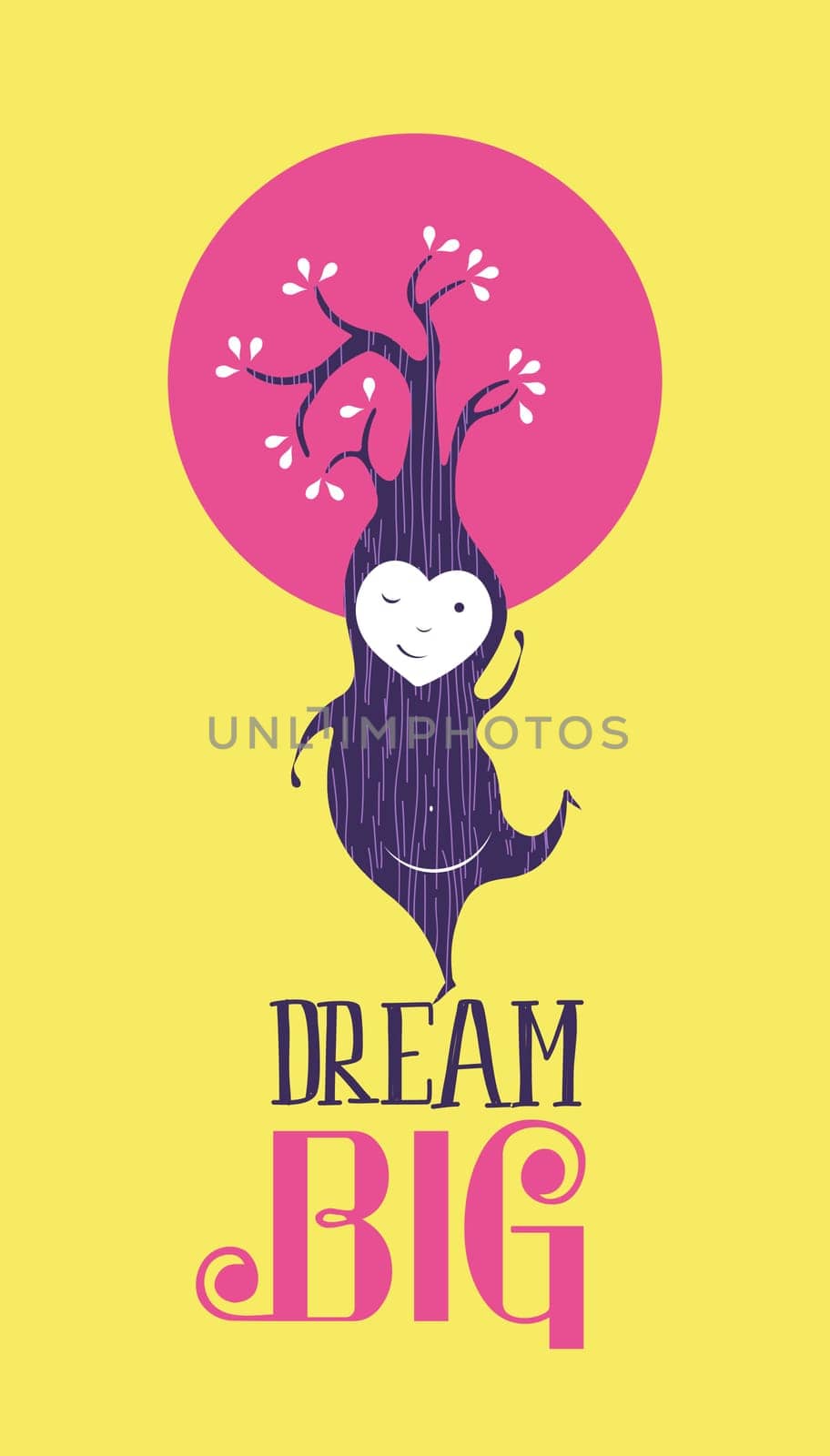 Dream big motivational quote, inspiration greeting card with cute fairy elf cartoon. EPS10 vector.