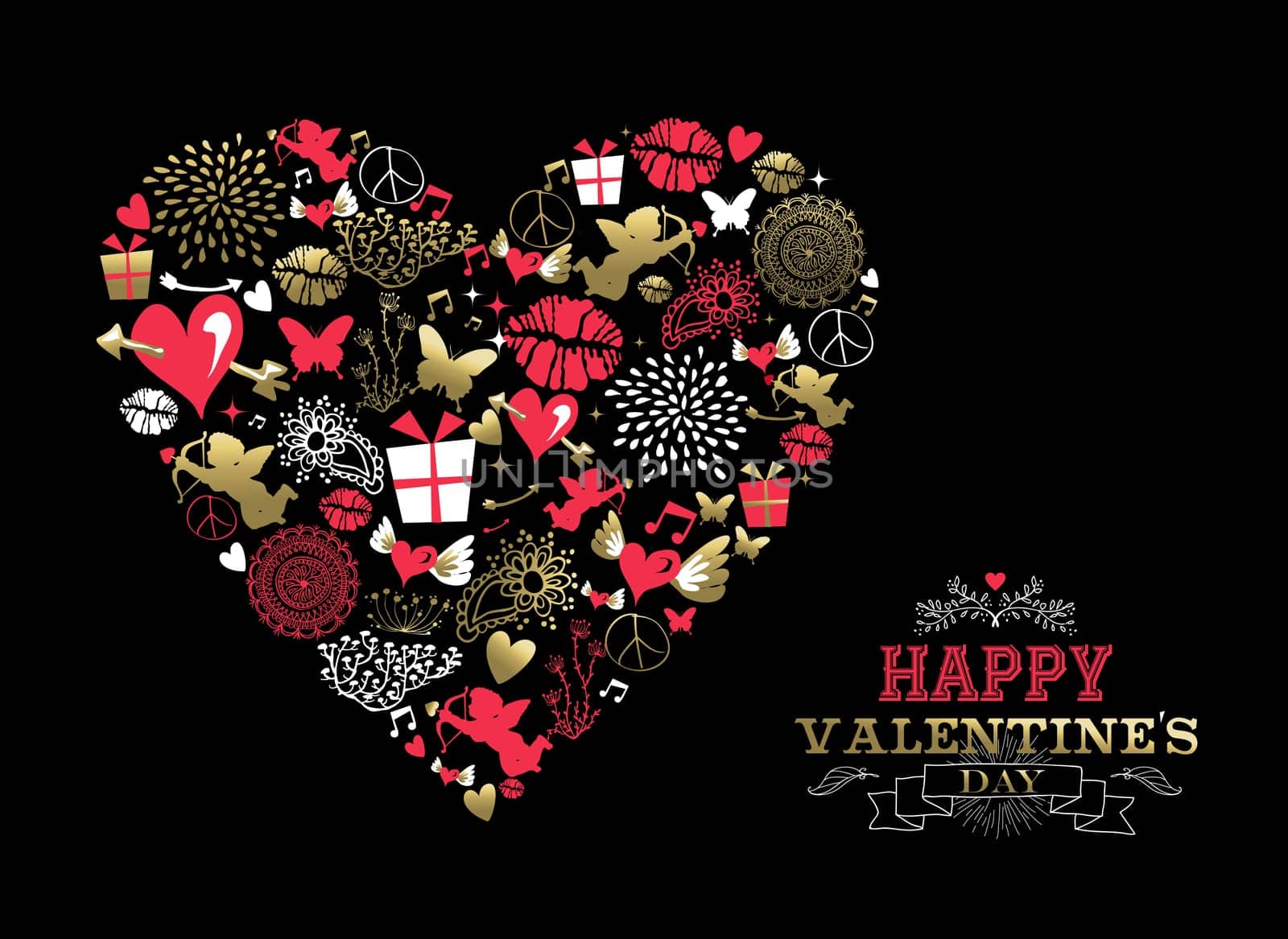 Valentines day greeting card, retro icons making heart shape silhouette in gold and pink colors with ornamental text label. EPS10 vector.
