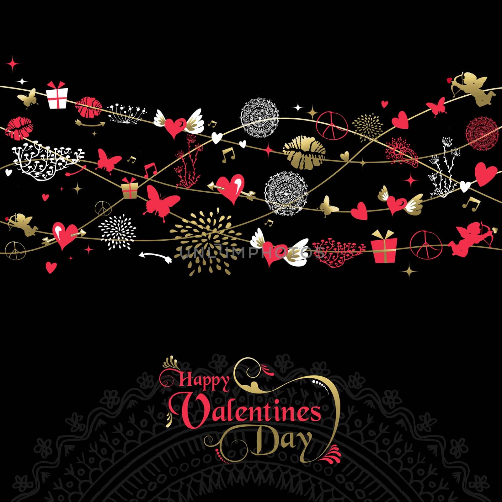 Happy Valentines day greeting card background design, vintage style icon decoration with text label in gold and pink . EPS10 vector.