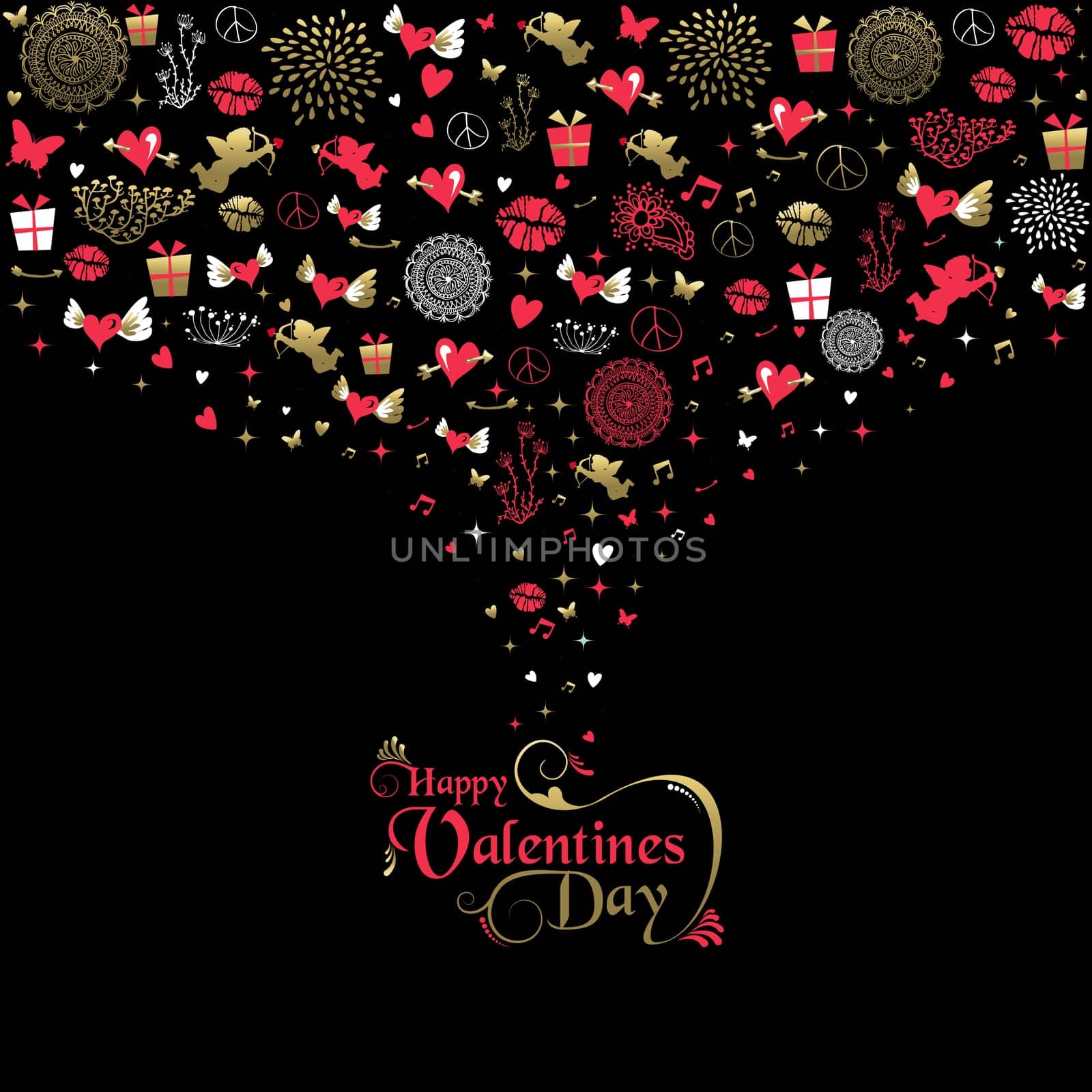 Happy Valentines day greeting card, vintage style icons in gold and pink colors with text label design. EPS10 vector.