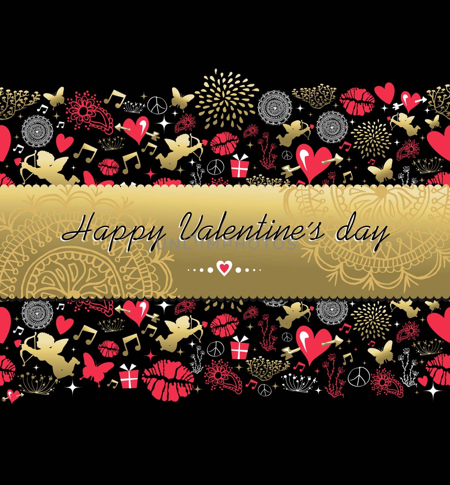 Happy valentines day pattern decoration and gold text label made with vintage icon set. Includes angel, kiss, heart shape, love elements. EPS10 vector.