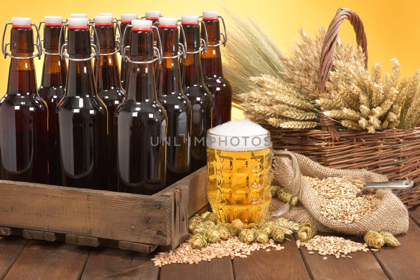 Beer box and beer glass with wheat,barley,hops and malt