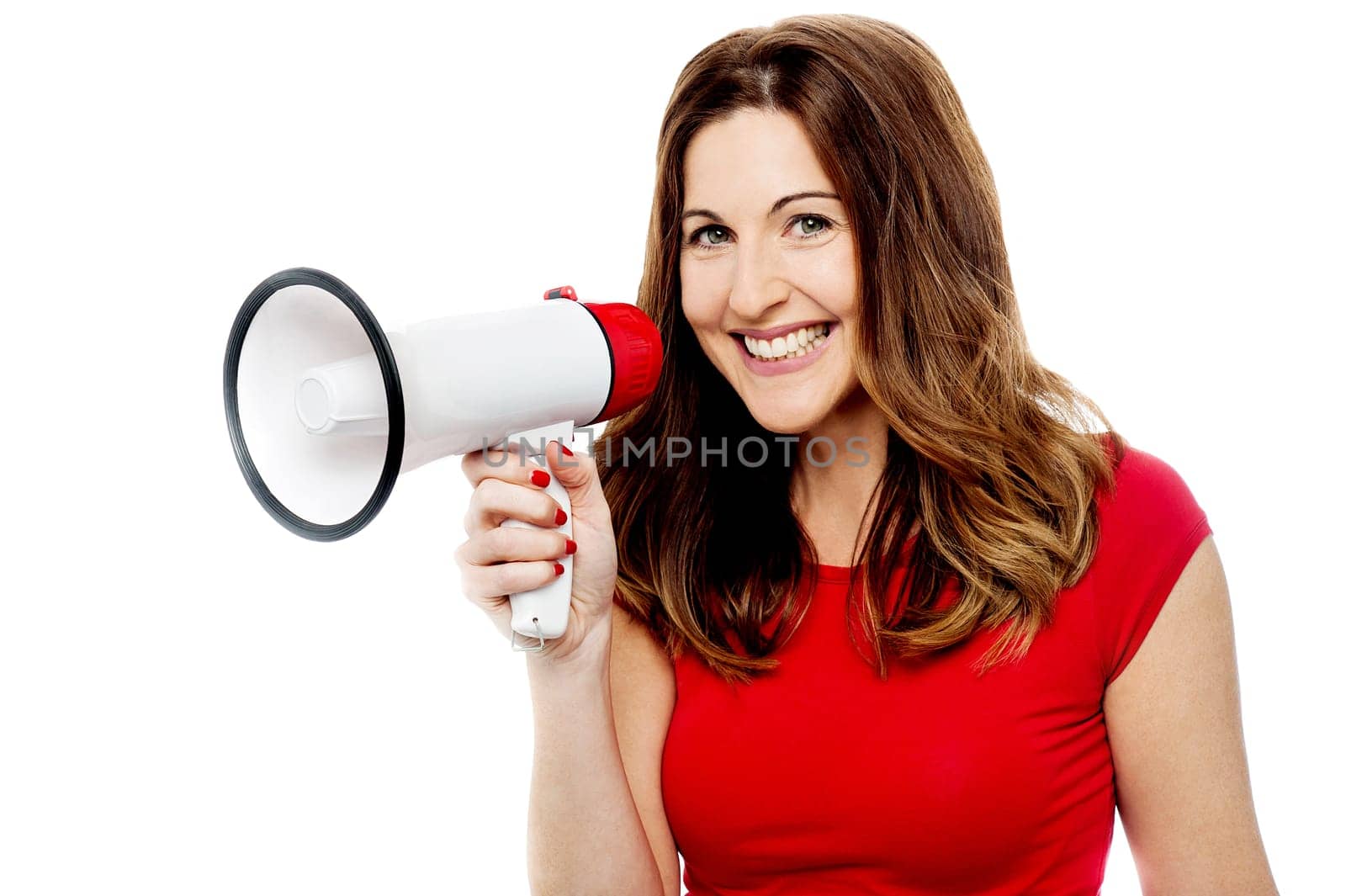 Attractive woman with mega phone over white
