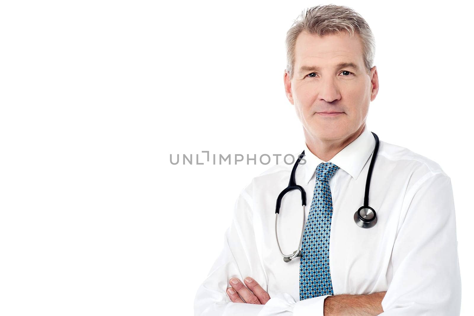 Image of a senior physician with stethoscope around his neck