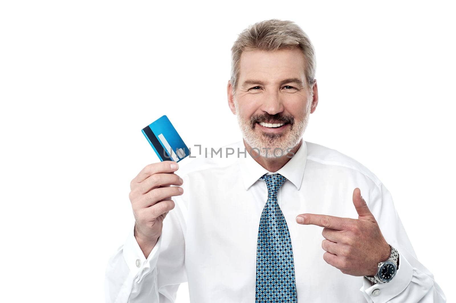 Senior man showing and pointing debit card