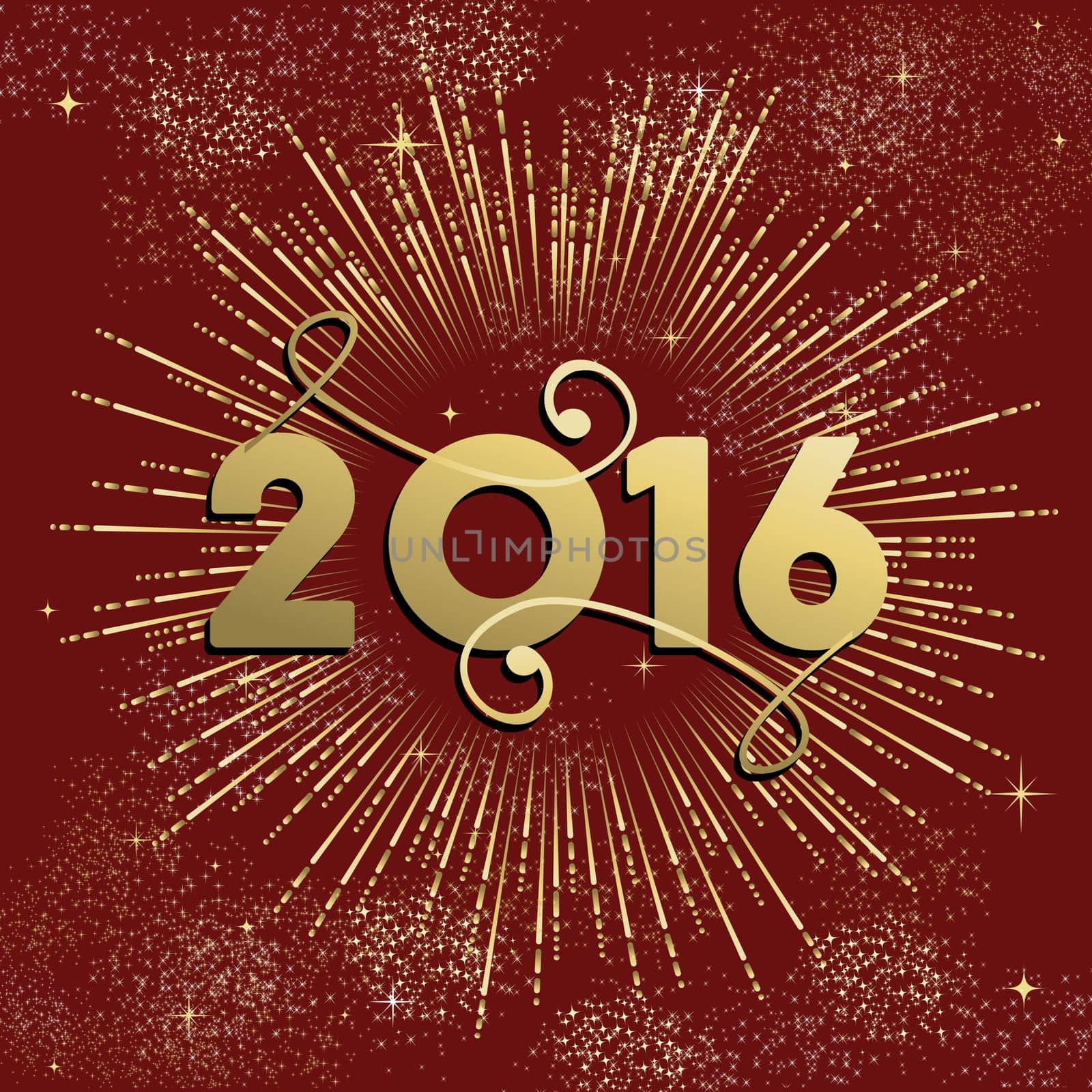 Happy New Year 2016 greeting card design, golden firework explosion with stars and sparkles. EPS10 vector.