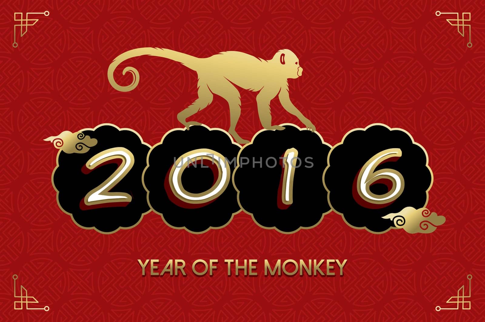 2016 Happy Chinese New Year of the Monkey. Ape silhouette and text in gold colors over red texture background. EPS10 vector.