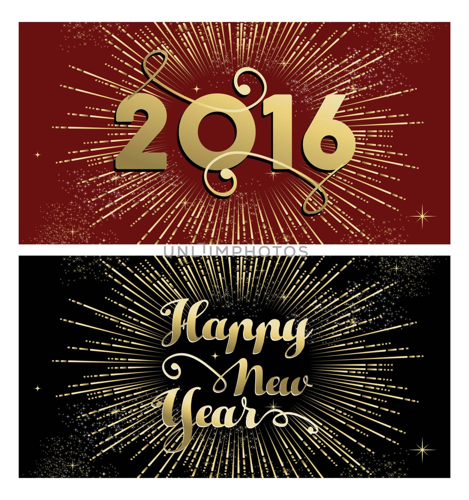 Happy New Year 2016 banner greeting card set with gold text and firework explosion. EPS10 vector.