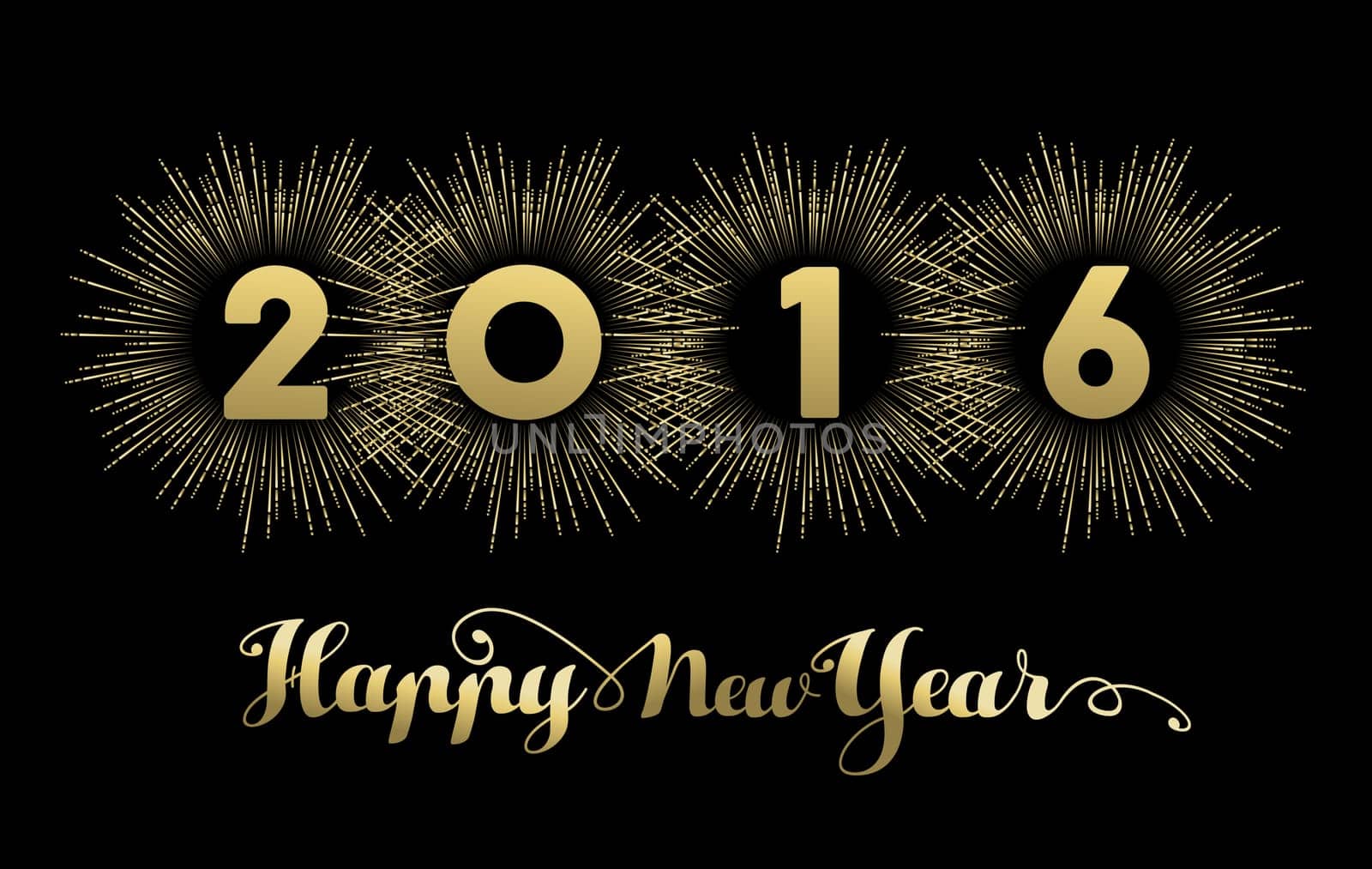 Happy new year 2016 banner design, gold text with firework explosion decoration. EPS10 vector.