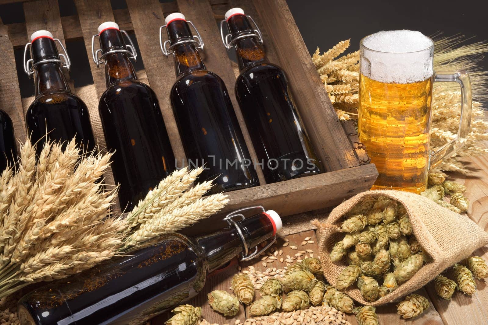 Beer box and beer glass with wheat,barley,hops and malt