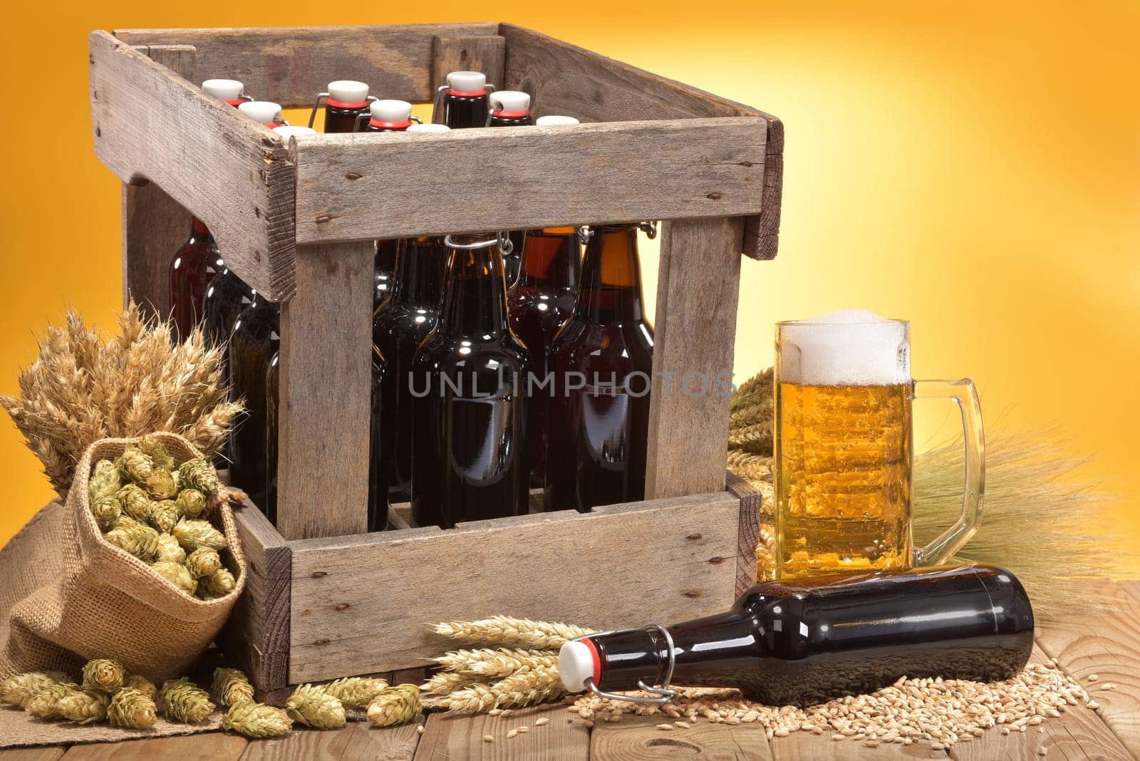 Beer box and beer glass with wheat,barley,hops and malt