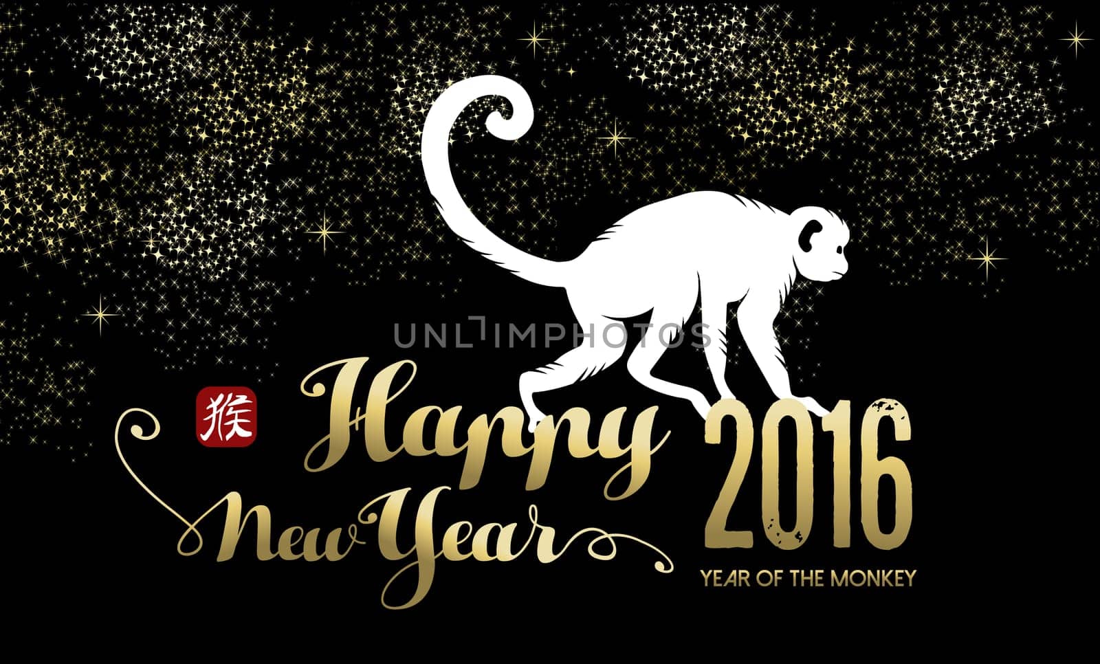 2016 Happy Chinese New Year of the Monkey. Ape silhouette and text in gold colors over night sky background. EPS10 vector.