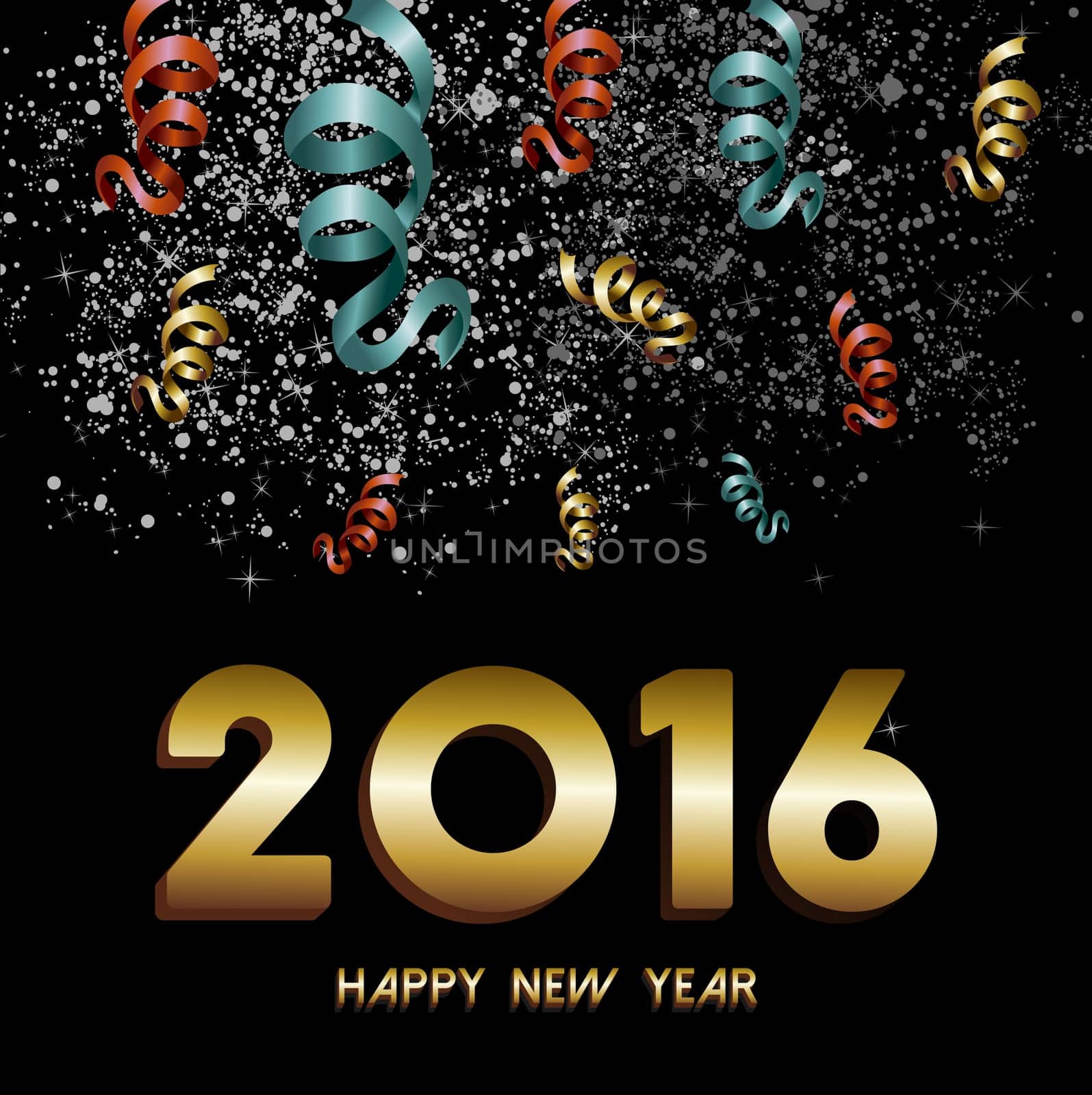 Happy New Year 2016 greeting card, gold text with night sky firework and confetti explosion background. EPS10 vector.
