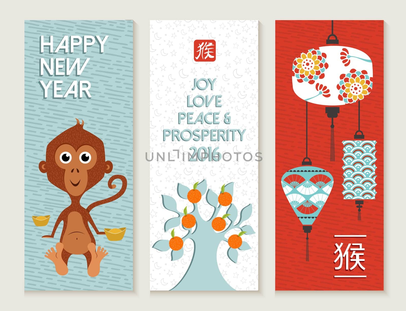 2016 Happy Chinese New Year of the Monkey. Cute label greeting card set with ape cartoon illustration and traditional celebration decoration. EPS10 vector.