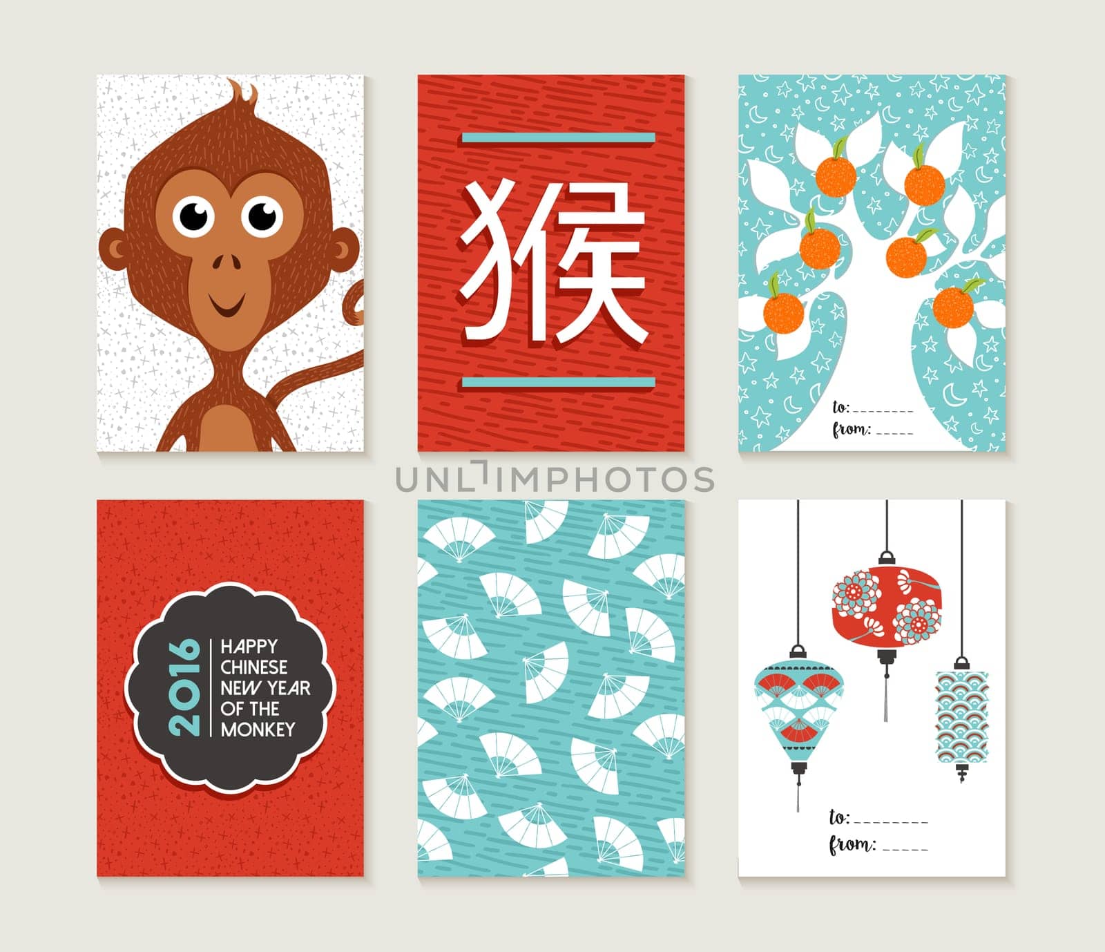 2016 Happy Chinese New Year of the Monkey. Greeting card set with cute traditional cartoon designs, includes decoration and asian culture elements. EPS10 vector.