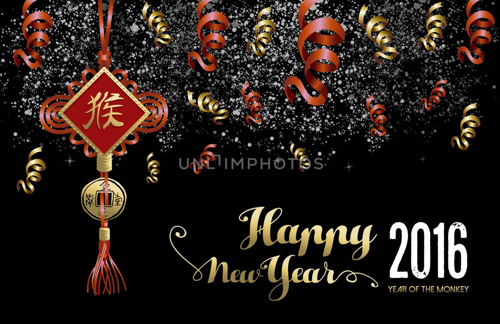 2016 Happy Chinese New Year of the Monkey. Traditional decoration over night sky background with firework and confetti explosion. EPS10 vector.