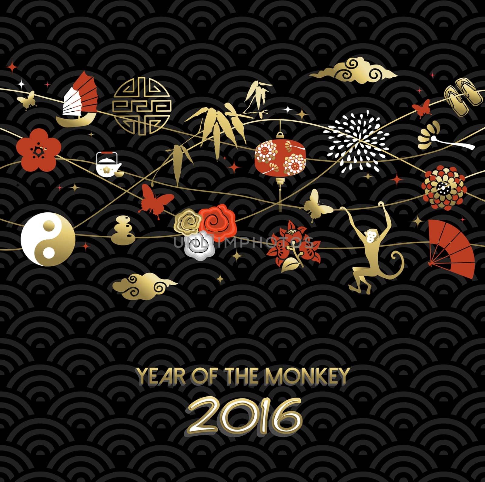 2016 Happy Chinese New Year of the Monkey. Gold traditional culture icon design, holiday elements and decoration with text. EPS10 vector.