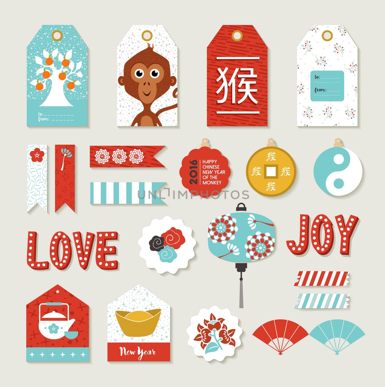 2016 Happy Chinese New Year of the Monkey. DIY print set with tags and label templates, includes cute traditional asian decoration elements.  EPS10 vector.