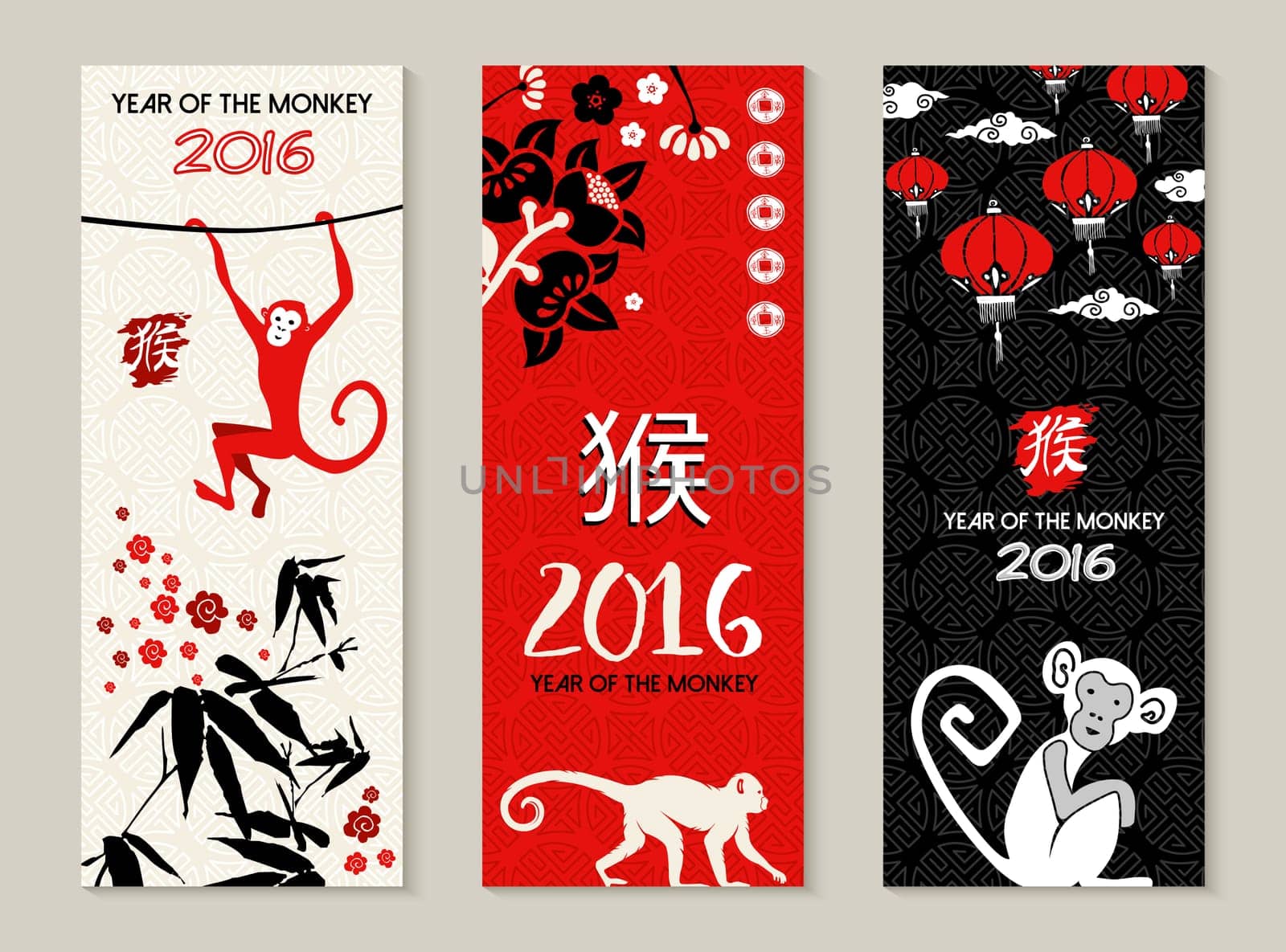 2016 Happy Chinese New Year of the Monkey. Label card set with traditional asian art style ape silhouette and decoration. EPS10 vector.
