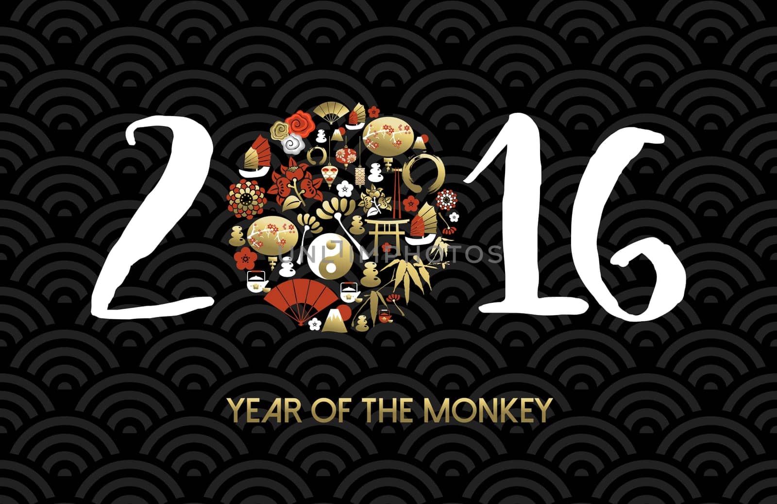 2016 Happy Chinese New Year of the Monkey. Greeting card design with text and traditional gold icon set. EPS10 vector.