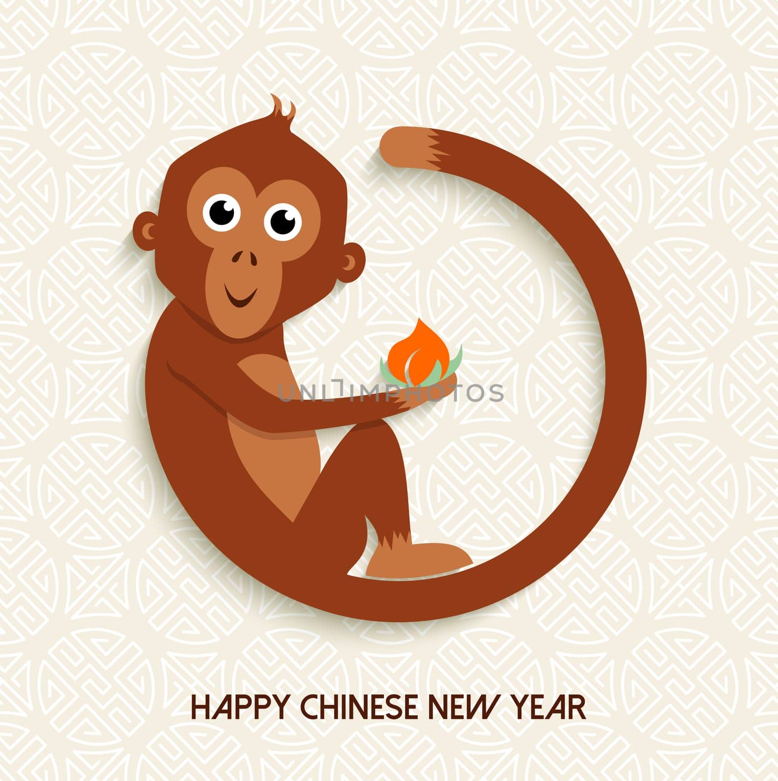 2016 Happy Chinese New Year of the Monkey. Ape holding peach in cute cartoon style, festival greeting card design with text. EPS10 vector.