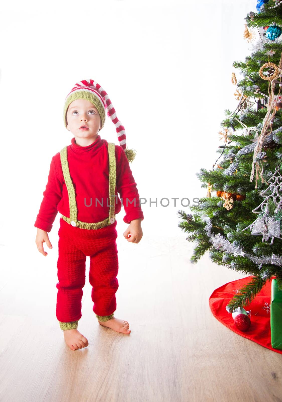2 year old baby boy Christmas shooting in studio.