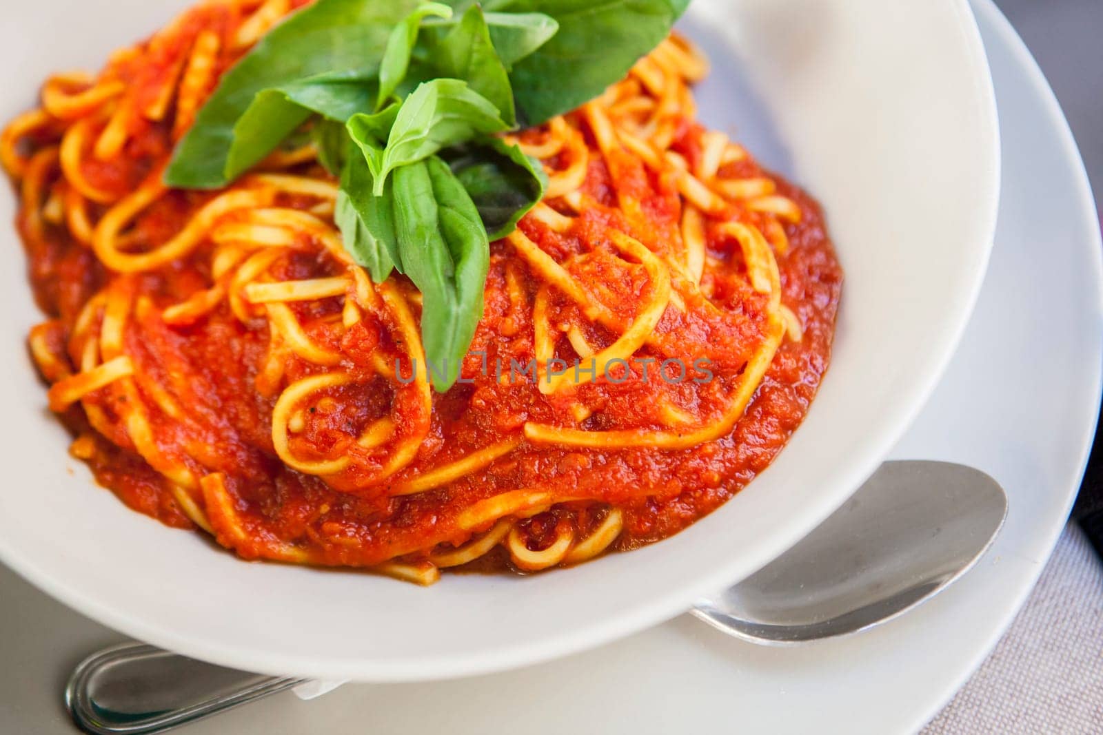 Plate of spaghetti bolognese with basil garnish. Closeup shot with selective focus