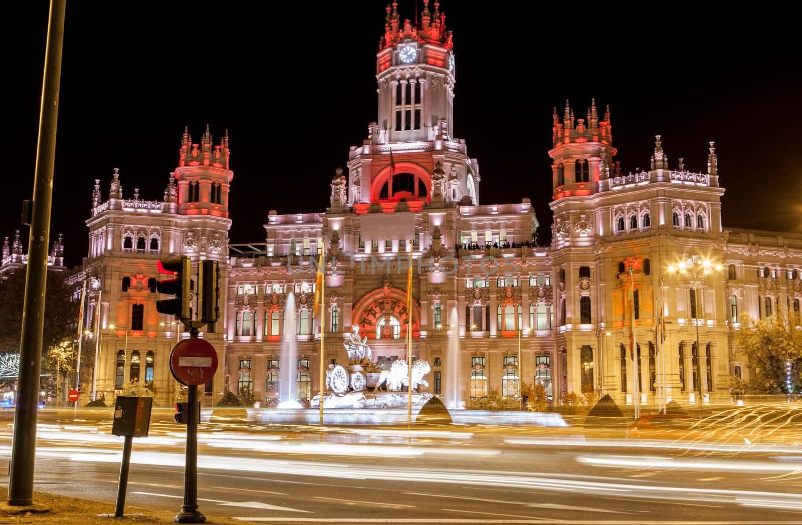 Night view of Madrid City Council with Cibeles Fountain, Spain