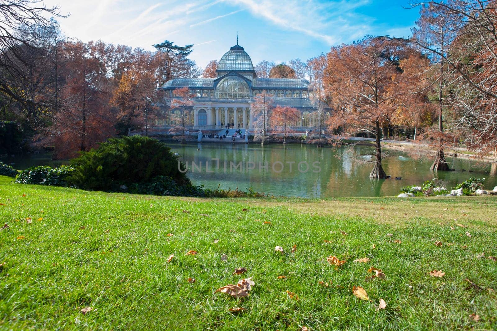 Crystal Palace building and pond in Retiro Park, Madrid, Spain