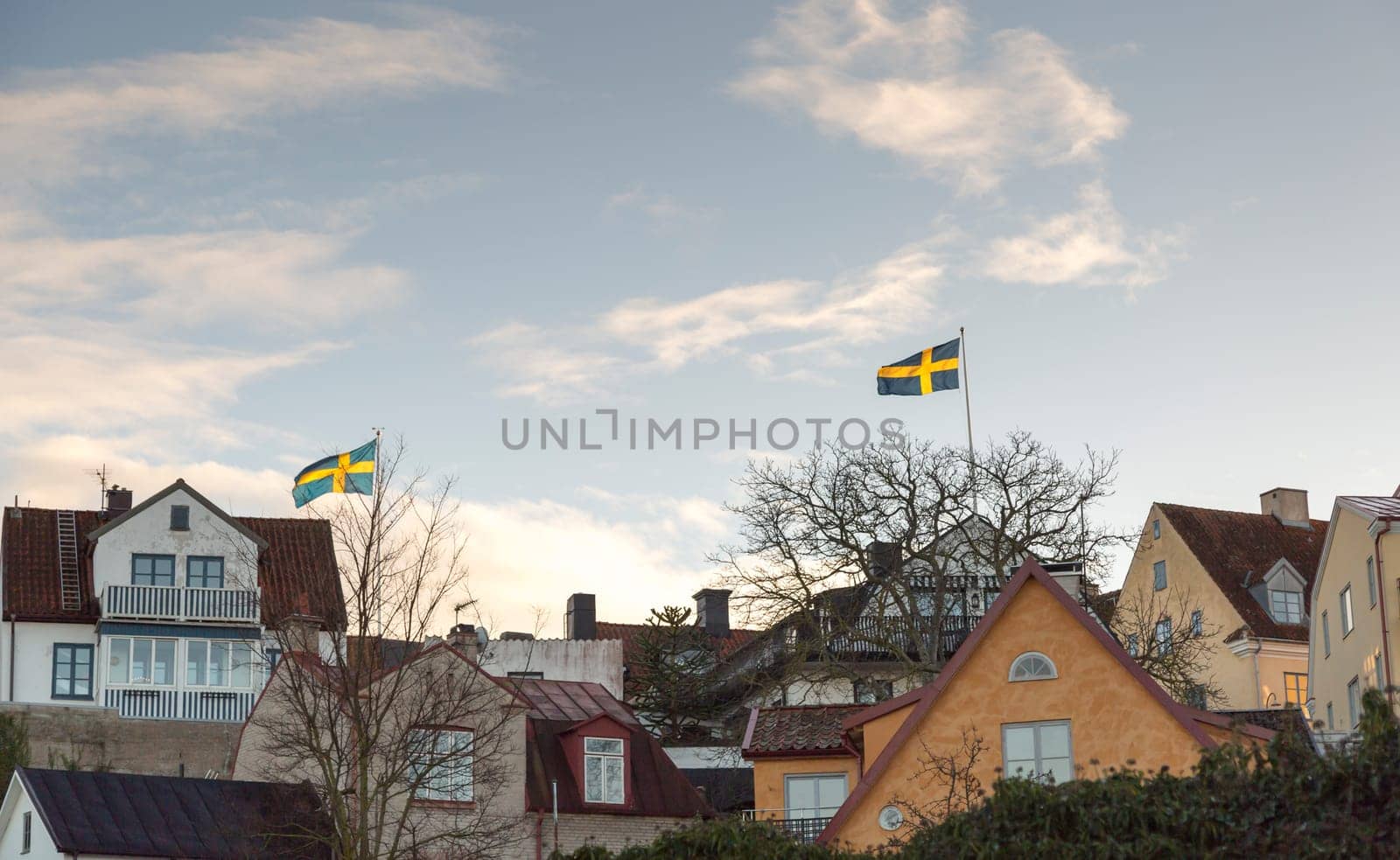 Swedish Flags in Visby, Gotland in Sweden.