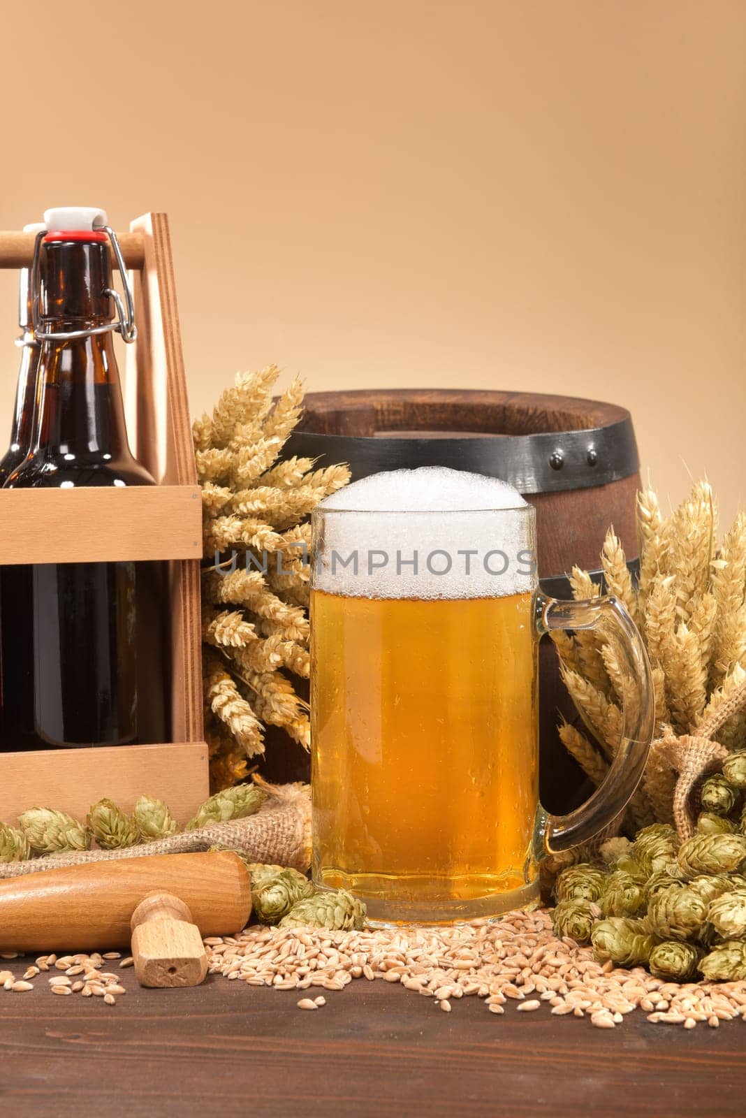Beer carriers,beer barrels and beer glasses with wheat,barley,hops and malt