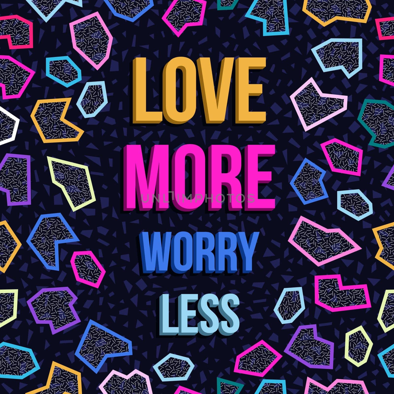 Inspiration poster design, love more worry less quote motivation text with retro 80s memphis style geometry background. EPS10 vector.
