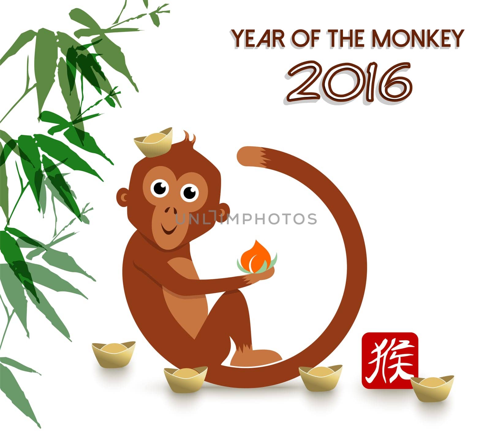 2016 Happy Chinese New Year of the Monkey. Cute cartoon ape fun illustration with peach and ingot as hat. EPS10 vector.