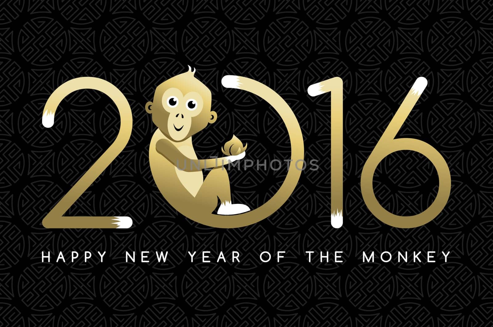 Happy Chinese New Year of the Monkey. Greeting card design with gold cartoon ape making 2016 shape and text. EPS10 vector.