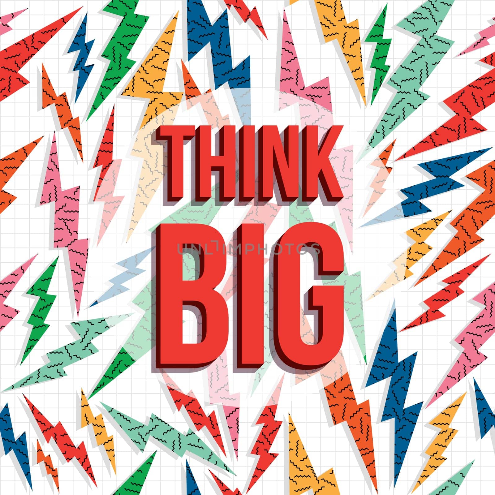 Think big inspiration quote, creative imagination motivation text with retro 80s background. EPS10 vector.