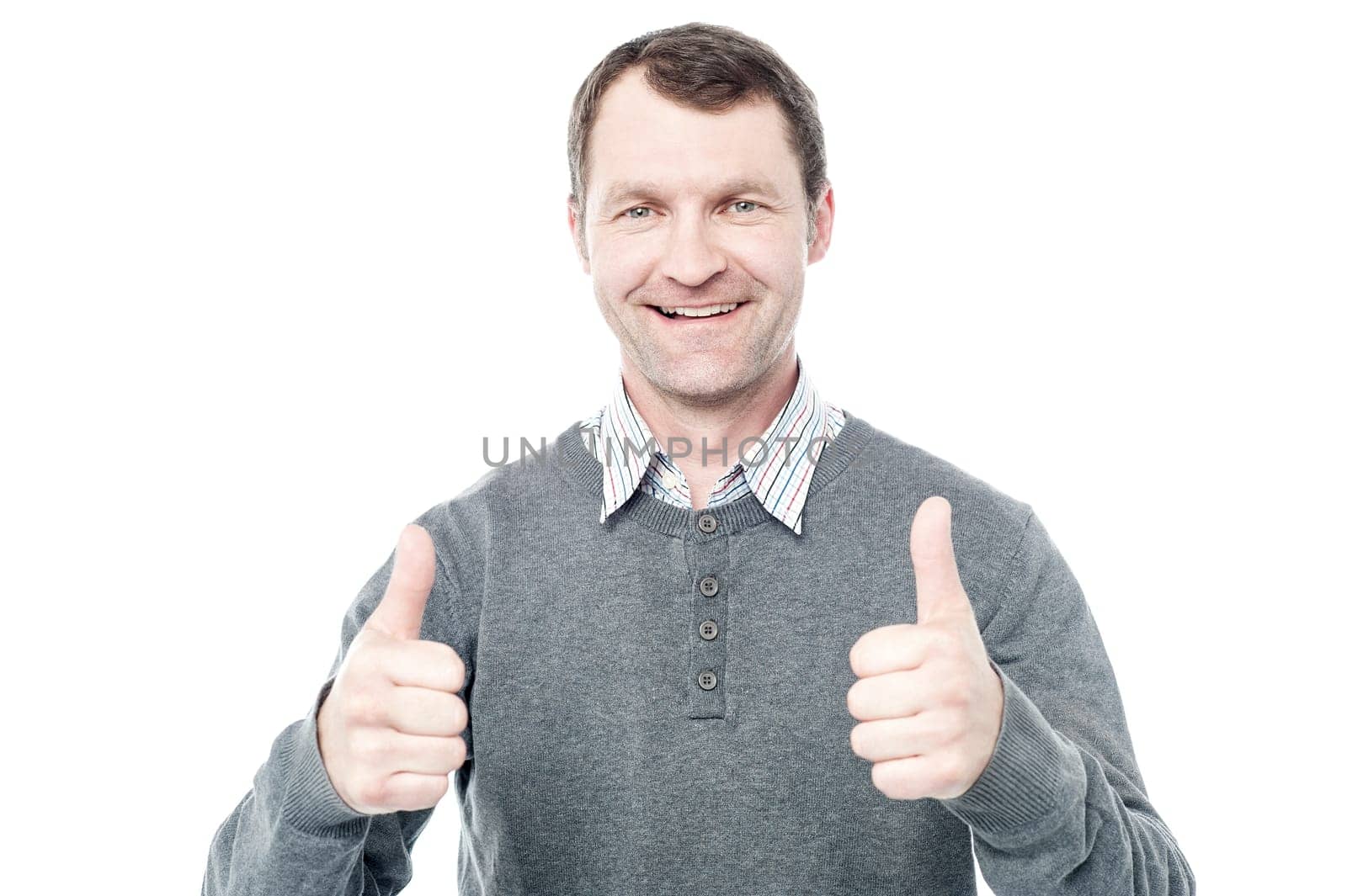 Happy middle aged man showing double thumbs up
