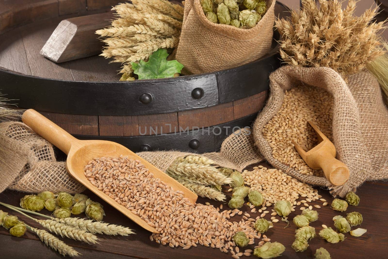 Beer barrel with wheat,barley,hops and malt